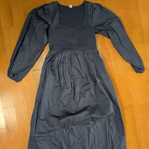 Black Long-Sleeve Smocked Bodice Dress
